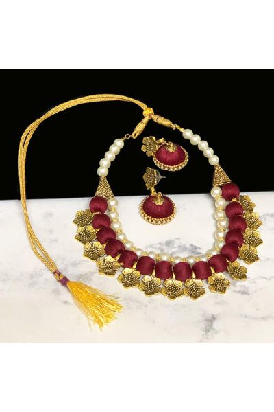 Maroon Color Silk Thread Beads and Gold Flower Charms Necklace Earring Set 