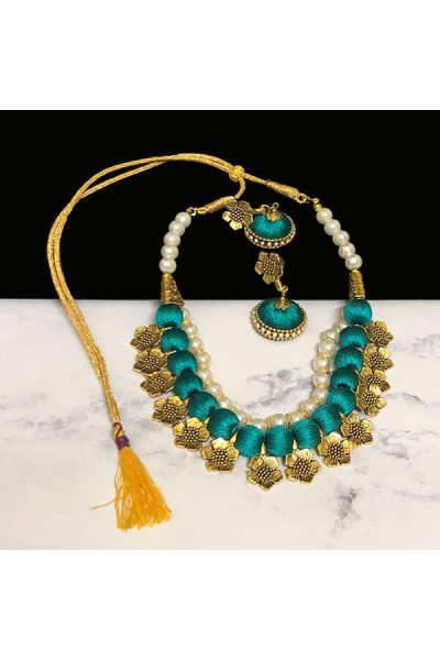 Peacock Blue Color Silk Thread Beads and Gold Flower Charms Necklace Earring Set 