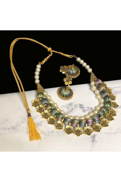 Multi  Color Silk Thread Beads and Gold Flower Charms Necklace Earring Set 