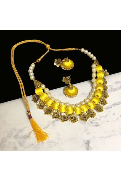 Lime Yellow Color Silk Thread Beads and Gold Flower Charms Necklace Earring Set 