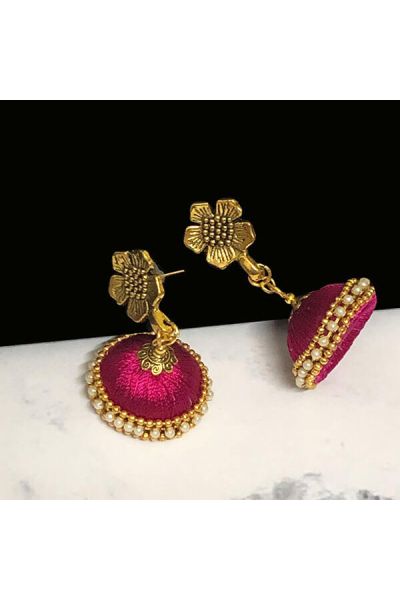 Magenta Pink Color Silk Thread Jhumka Earring with Antique Gold Color Flower Stud