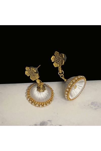 White Color Silk Thread Jhumka Earring with Antique Gold Color Flower Stud