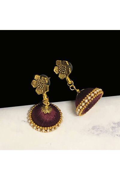 Brown Color Silk Thread Jhumka Earring with Antique Gold Color Flower Stud