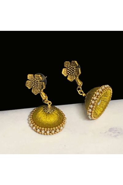 Corn Yellow Color Silk Thread Jhumka Earring with Antique Gold Color Flower Stud