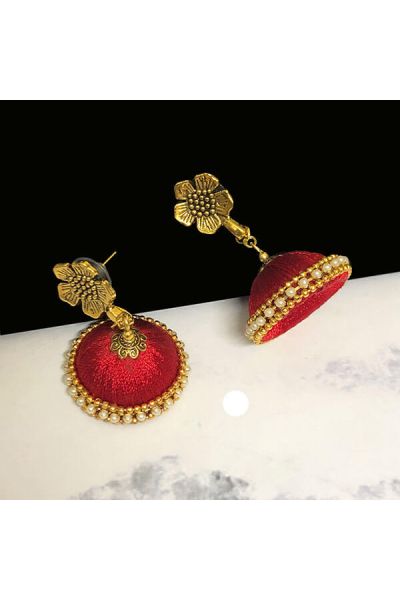 Red Color Silk Thread Jhumka Earring with Antique Gold Color Flower Stud