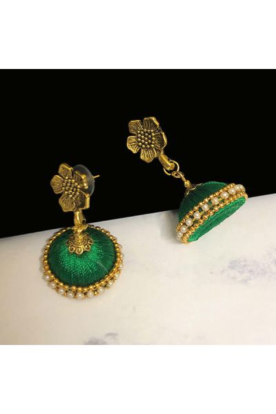 Forest Green Color Silk Thread Jhumka Earring with Antique Gold Color Flower Stud