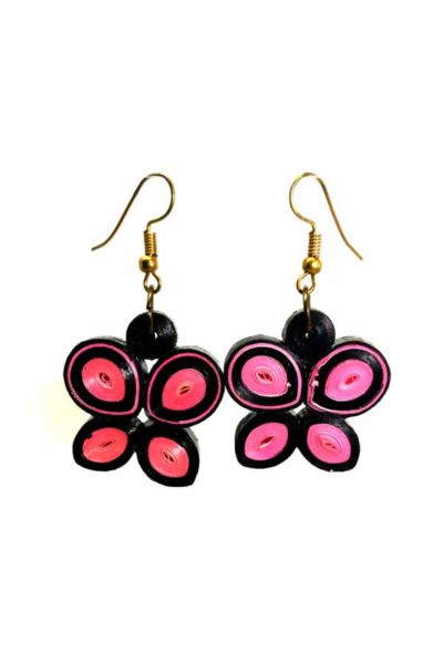 Black Baby Pink Combo Paper Quilling Butterfly Shape Hanging Earrings