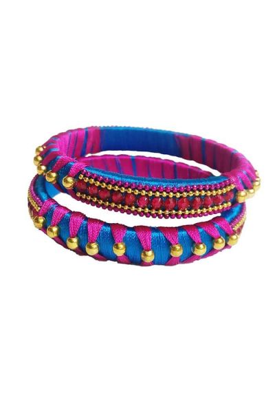 Designer Silk Thread Bangles Magenta Blue and Pink combo with Stone Chain Gold Ball and Pink Ball Chain Design
