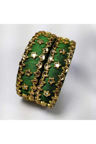 Handmade Green Designer Silk Thread Bangles Decorate Star Kundan Stones