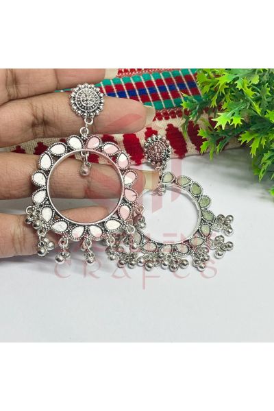 Round Shape Drop Design Jhumka Stud Earring Set Bezel - Silver