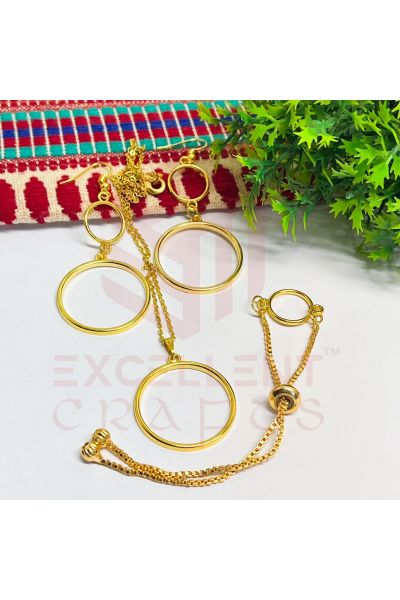 Round Shape Pendant with chain Earrings Bracelet Combo-Gold