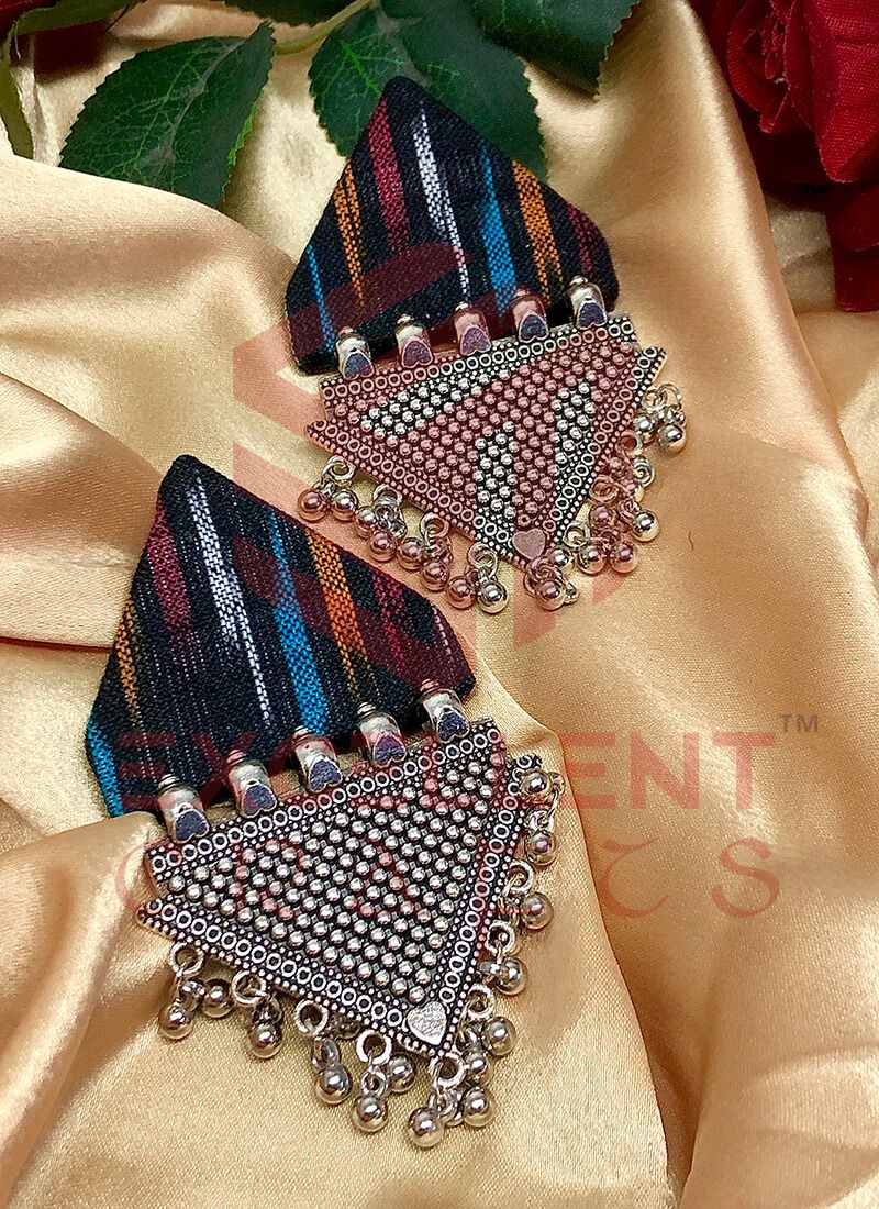 Multicolor Black Ikat Trapeze Earrings