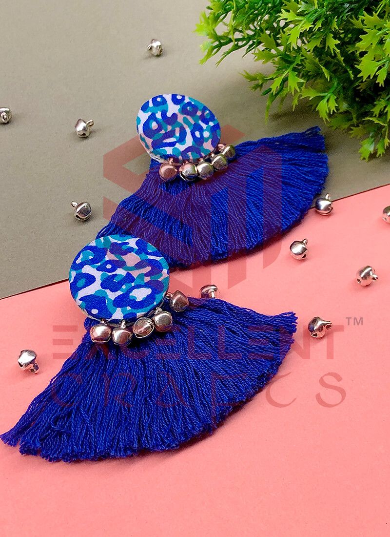 Blue Animal Print Tassel Bell Earrings