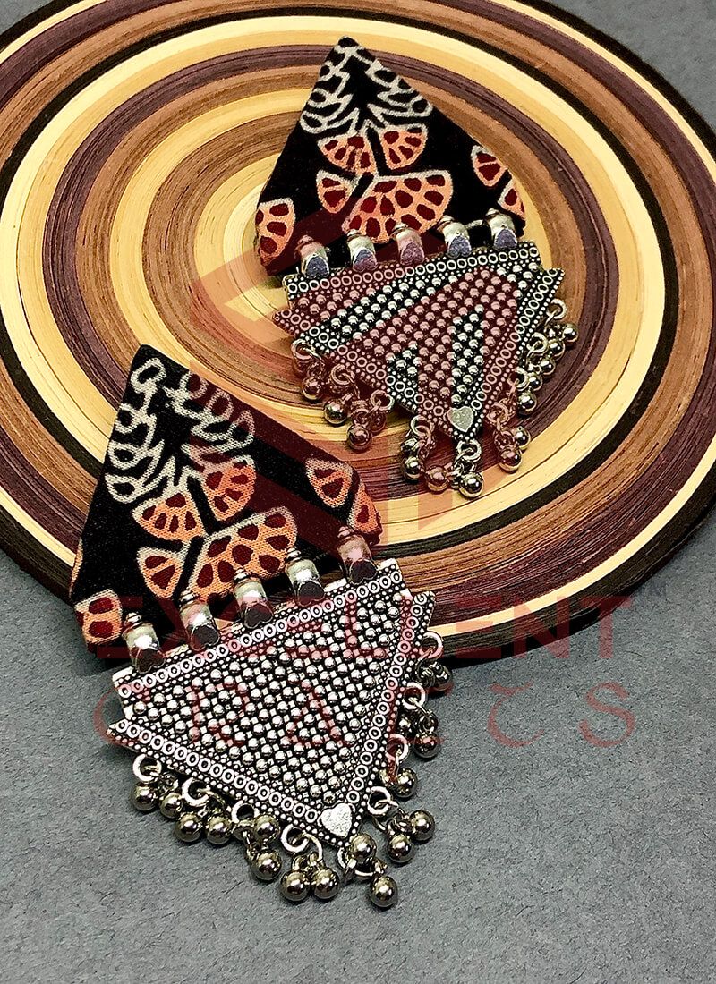 Black Ajrak Fabric Trapeze Earrings