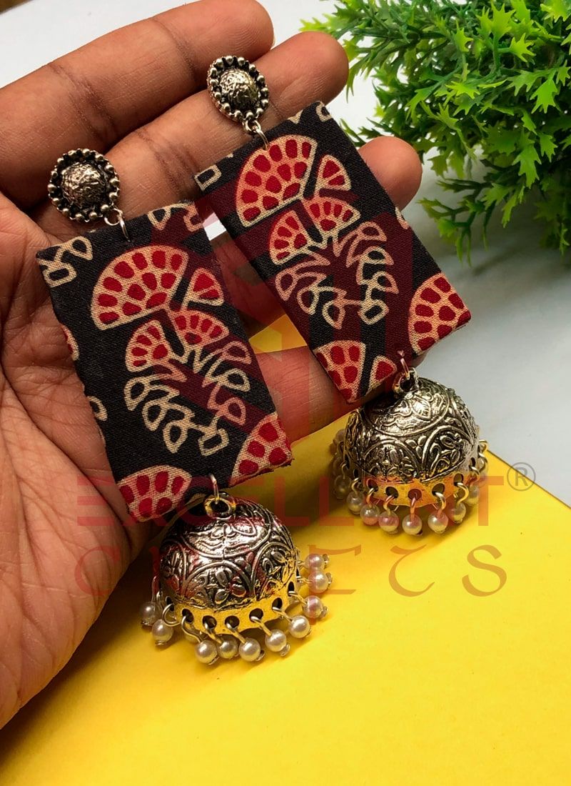 Black Ajrak Rectangle Fabric Jhumkas