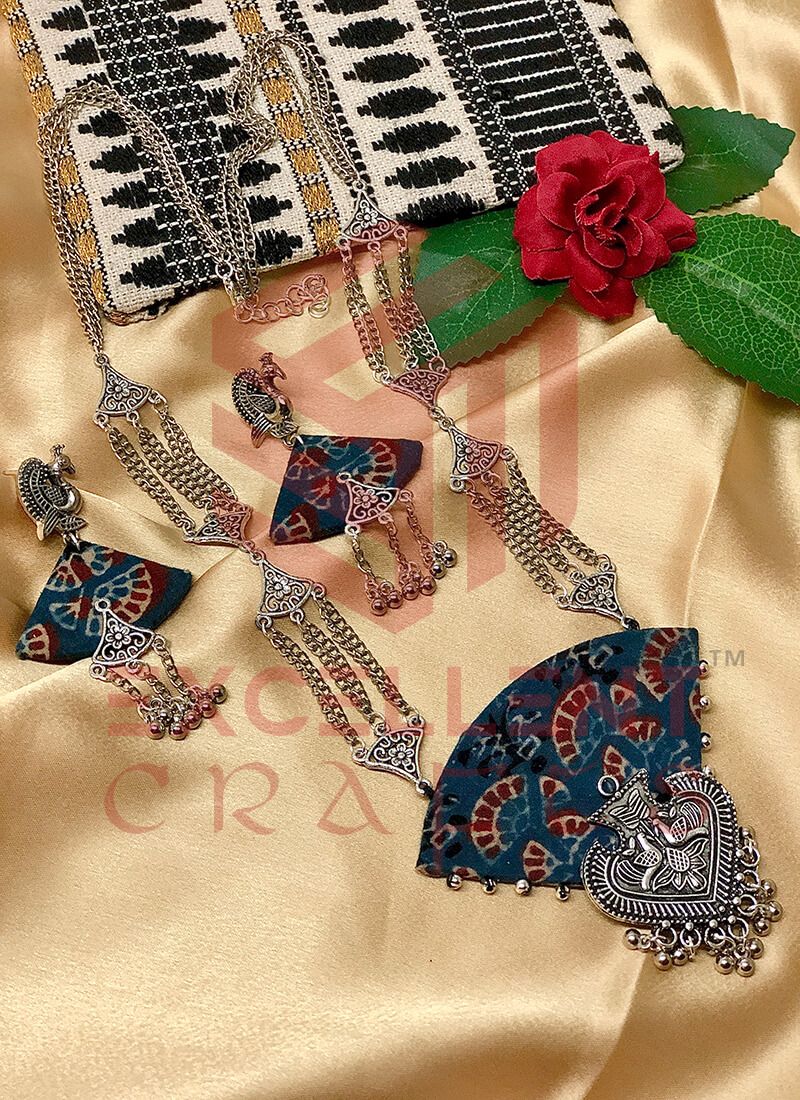 Blue Ajrak Fabric Morni Necklace Set
