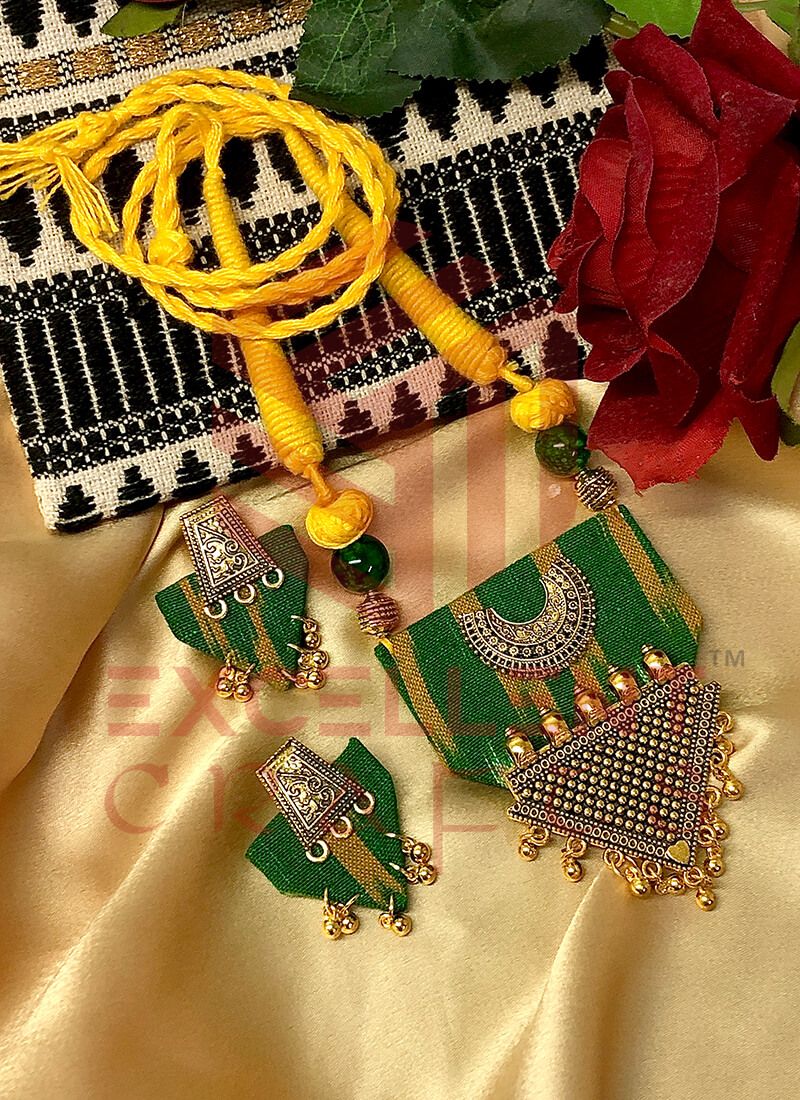 Green and Yellow Beaded Ikkat Trapezium Necklace Set
