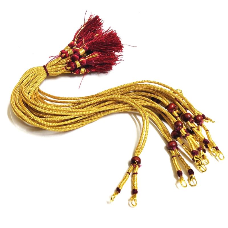 Excellentcrafts Gold Color 13 inch Zari Thread Braided Necklace with Hook & Maroon Silk Thread Tassel - Pack of 6 Pcs