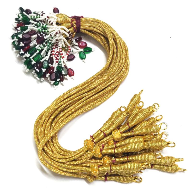Gold Color 13-Inch Zari Thread Braided Necklace with Hook & Pearl Glass Bead Tassel - Pack of 6 Pcs