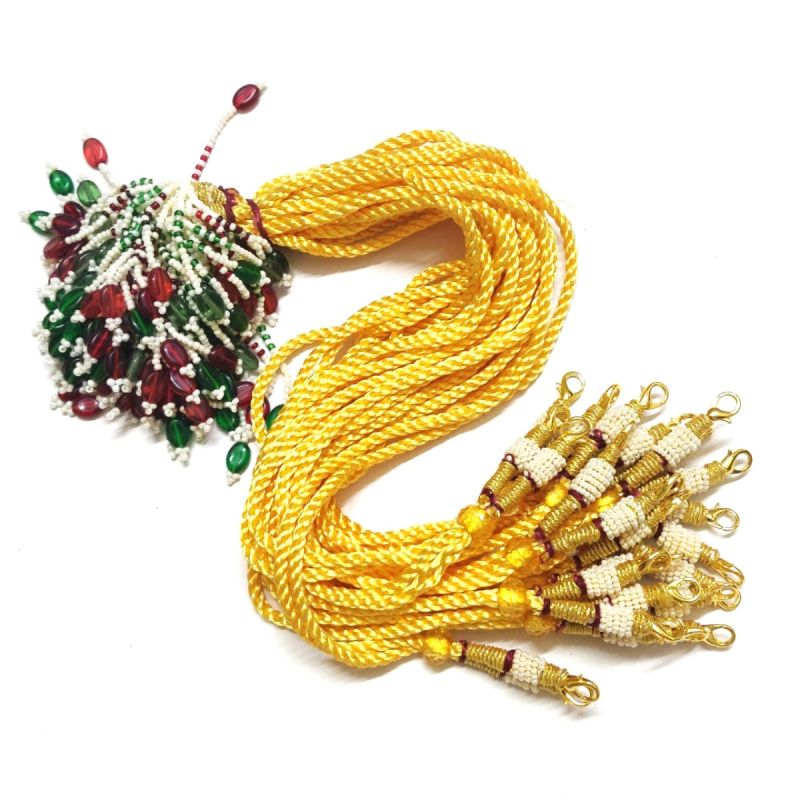 Gold Color 13-Inch Silk Thread Braided Necklace with Hook & Pearl Glass Bead Tassel - Pack of 6 Pcs