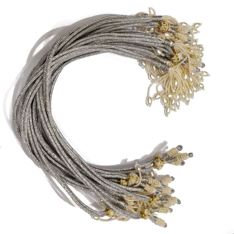 Excellentcrafts 11 Inch Silver Braided Zari Silk Dori Necklace with Off White Pearl Tassel - Pack of 6 Pcs