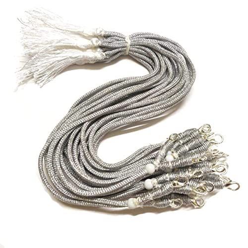 Excellentcrafts 13-inch Silver Zari Thread Braided Silk Necklace with Hook & White Tassel - Pack of 6Pcs