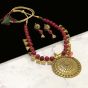 Round Shape Maroon Color Antique Gold  Finish Textured Glass Bead Bail Necklace Set