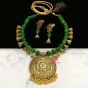 Round Shape Forest Green Color Antique Gold  Finish Textured Glass Bead Bail Necklace Set