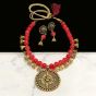 Round Shape Red Color Antique Gold  Finish Textured Glass Bead Bail Necklace Set