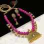 Semi Circle Shape Purple Color Antique Gold  Finish Textured Glass Bead Bail Necklace Set