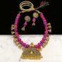 Semi Circle Shape Purple Color Antique Gold  Finish Textured Glass Bead Bail Necklace Set