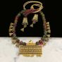 Rectangle Shape Multicolor Color Antique Gold  Finish Textured Glass Bead Bail Necklace Set