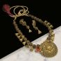 Round Shape Mahendi Green Color Antique Gold  Finish Textured Glass Bead Bail Necklace Set