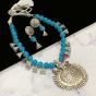 Round Shape Blue Color Antique Silver Finish Textured Glass Bead Bail Necklace Set