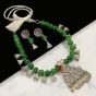 Triangle Shape Forest Green Color Antique Silver Finish Textured Glass Bead Bail Necklace Set