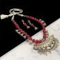 Crescent Shape Maroon Color Antique Silver Finish Textured Glass Bead Bail Necklace Set