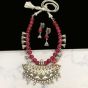 Crescent Shape Maroon Color Antique Silver Finish Textured Glass Bead Bail Necklace Set