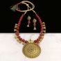 Round Shape Maroon Color Antique Gold  Finish Textured Glass Bead Bail Necklace Set