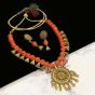 Round Shape Orange Color Antique Gold  Finish Textured Glass Bead Bail Necklace Set