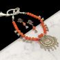 Round Shape Orange Color Antique Silver Finish Textured Glass Bead Bail Necklace Set