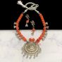 Round Shape Orange Color Antique Silver Finish Textured Glass Bead Bail Necklace Set