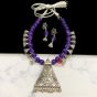 Triangle Shape Dark Purple Color Antique Silver Finish Textured Glass Bead Bail Necklace Set
