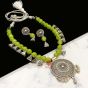 Round Shape Leaf Green Color Antique Silver Finish Textured Glass Bead Bail Necklace Set