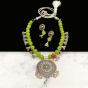 Round Shape Leaf Green Color Antique Silver Finish Textured Glass Bead Bail Necklace Set