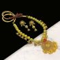 Round Shape Yellow and Blue Color Antique Gold  Finish Textured Glass Bead Bail Necklace Set
