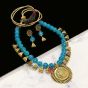 Round Shape Blue Color Antique Gold  Finish Textured Glass Bead Bail Necklace Set
