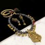 Trapezium Shape Grey Color Antique Gold  Finish Textured Glass Bead Bail Necklace Set