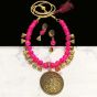 Oval Shape Magenta Pink Color Antique Gold  Finish Textured Glass Bead Bail Necklace Set