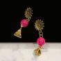 Oval Shape Magenta Pink Color Antique Gold  Finish Textured Glass Bead Bail Necklace Set