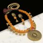 Round Shape Sunset Yellow Color Antique Gold  Finish Textured Glass Bead Bail Necklace Set